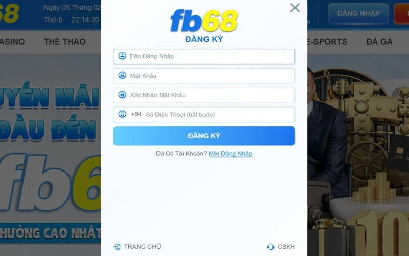 Click vào mục đăng ký FB68 ở góc phải màn hình điện thoại